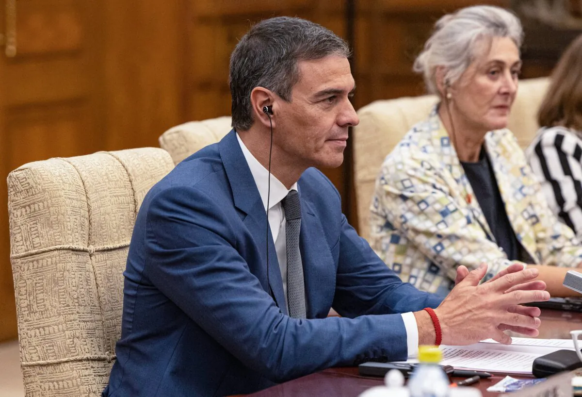 Spain's Prime Minister Pedro Sánchez meets with Chinese communist regime leader Xi Jinping (not pictured) at the Diaoyutai State Guesthouse in Beijing on Sept. 9, 2024. (Adres Martinez Casares/Pool/AFP via Getty Images)