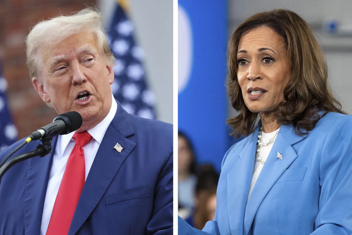 (Left) Republican presidential candidate and former President Donald Trump speaks during a news conference at Trump National Bedminster Clubhouse in Bedminster, N.J., on Aug. 15, 2024. (Right) Democratic presidential candidate and Vice President Kamala Harris speaks on her policy platform in Raleigh, N.C., on Aug. 16, 2024. (Michael M. Santiago/Getty Images; Grant Baldwin/Getty Images)
