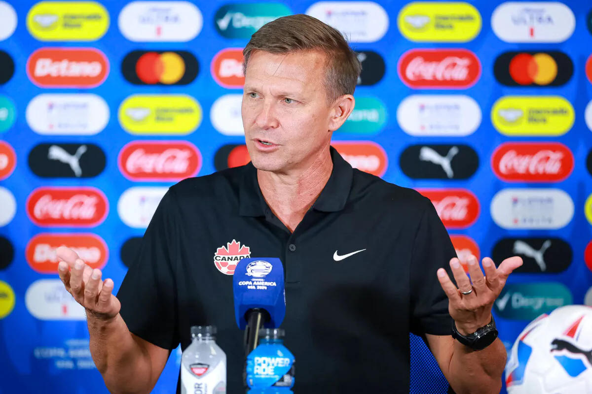 Jesse Marsch, Canada men’s soccer head coach, speaks during a press conference at Mercedes-Benz Stadium in Atlanta on June 19, 2024. (Hector Vivas/Getty Images)