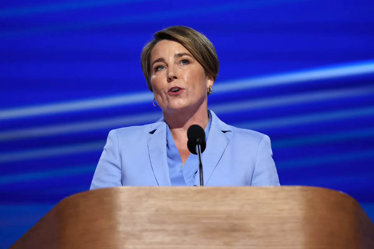 Massachusetts Gov. Maura Healey speaks on stage at the Democratic National Convention at the United Center in Chicago on Aug. 22, 2024. (Justin Sullivan/Getty Images)