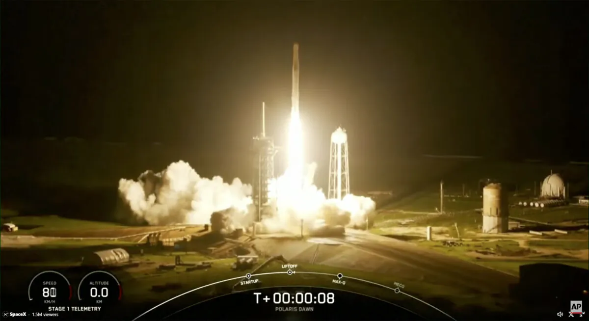 This image made from a SpaceX video shows the launch of the Polaris Dawn mission on a Falcon 9 rocket from the Kennedy Space Center in Florida, on Sept. 10, 2024. (SpaceX via AP)