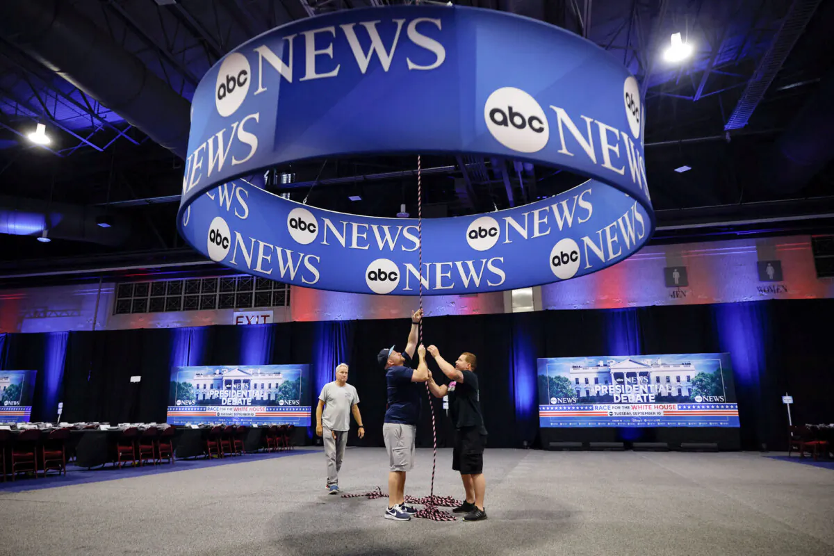 ABC News signage is installed in the media file center inside the Pennsylvania Convention Center one day before the presidential debate in Philadelphia on Sept. 9, 2024. (Chip Somodevilla/Getty Images)