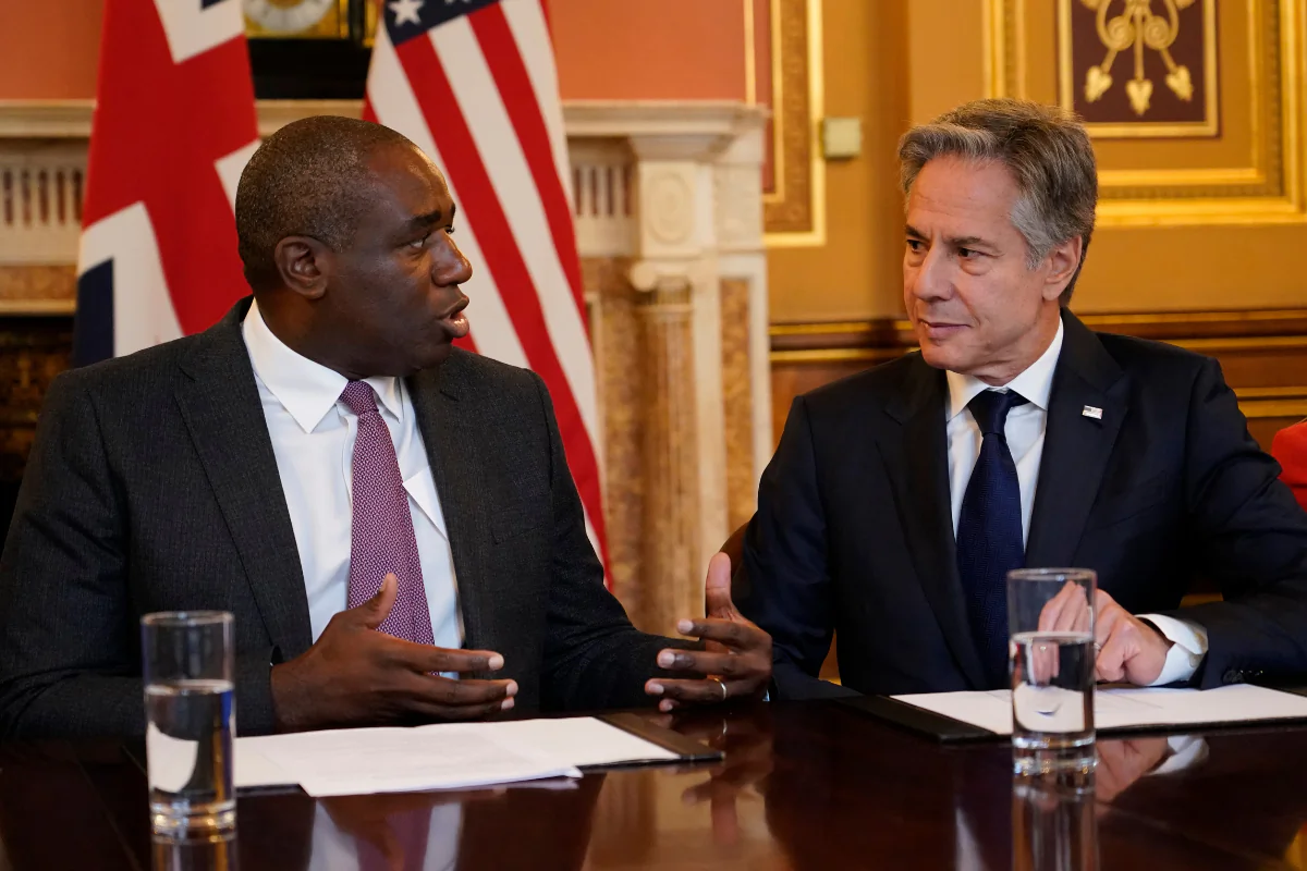 Foreign Secretary David Lammy (left) and US Secretary of State Antony Blinken (right) during a strategic dialogue at the Foreign and Commonwealth Office in Westminster, London, England, on Sept. 10, 2024. (Alberto Pezzali/PA Wire)