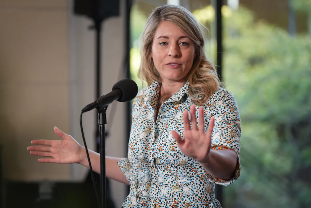 Foreign Affairs Minister Mélanie Joly speaks to reporters at the Liberal caucus retreat in Nanaimo, B.C., on Sept. 10, 2024. (The Canadian Press/Darryl Dyck)