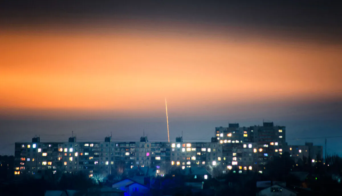 A missile launched from Russia's Belgorod region flies toward Kharkiv, eastern Ukraine, amid the Russian invasion of Ukraine, on Jan. 7, 2023. (Vadym Bielikov/AFP via Getty Images)