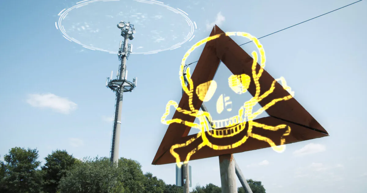 Dangerous EMF Radiation Communication 5G 6G Tower. Warning sign cellular signals, harmful network. (DB-Films)