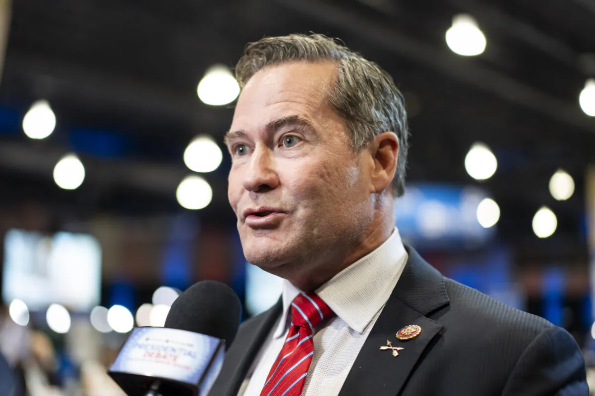 Rep. Michael Waltz (R-Fla.) speaks with reporters at the media filing center and spin room at the Pennsylvania Convention Center ahead of the presidential debate between former President Donald Trump and Vice President Kamala Harris in Philadelphia on Sept. 10, 2024. (Madalina Vasiliu/The Epoch Times)