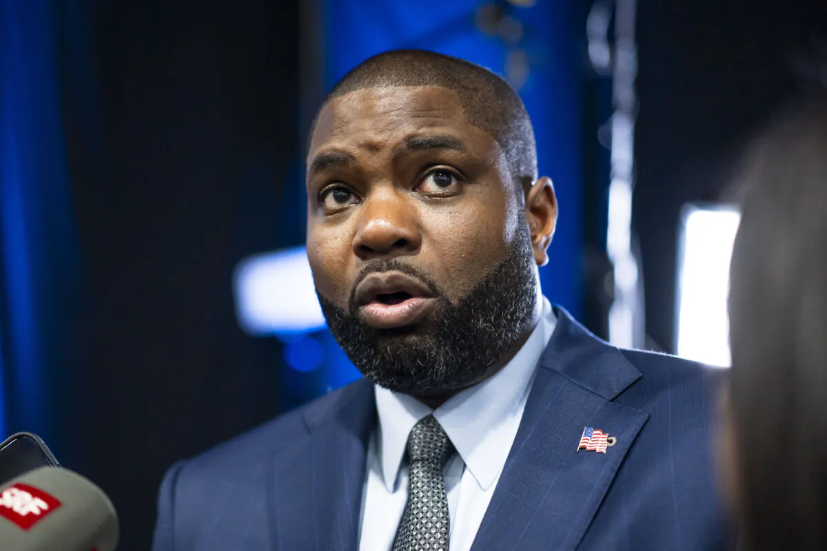 Rep. Byron Donalds (R-Fla.) speaks to reporters at the media filing center and spin room at the Pennsylvania Convention Center ahead of the presidential debate between Republican nominee former President Donald J. Trump and Democratic nominee Vice President Kamala Harris in Philadelphia, Pa., on Sept. 10, 2024. (Madalina Vasiliu/The Epoch Times) 