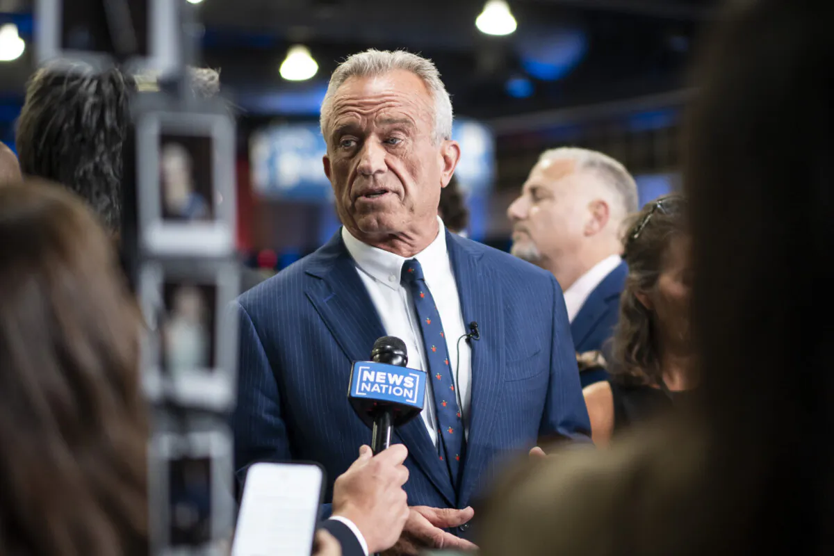 Robert F. Kennedy Jr. speaks to reporters ahead of the presidential debate between Republican nominee former President Donald Trump and Democratic nominee Vice President Kamala Harris in Philadelphia on Sept. 10, 2024. (Madalina Vasiliu/The Epoch Times) 