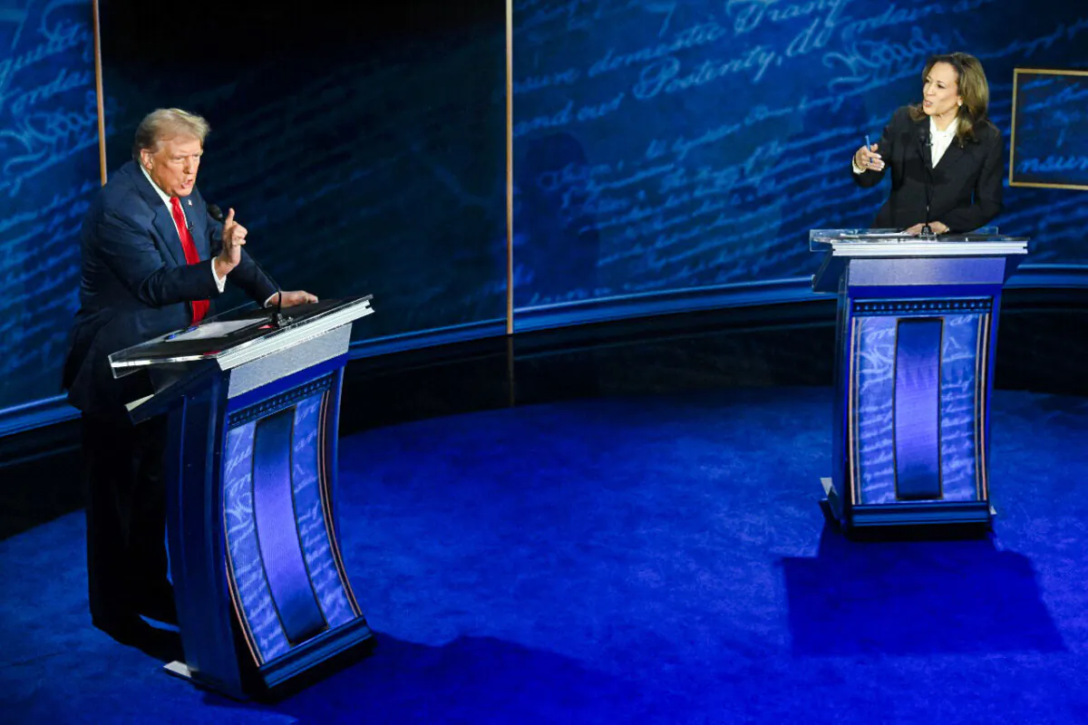 Vice President and Democratic presidential candidate Kamala Harris and former President and Republican presidential candidate Donald Trump speak during a presidential debate at the National Constitution Center in Philadelphia, Pennsylvania, on Sept. 10, 2024. (Saul Loeb/AFP via Getty Images)