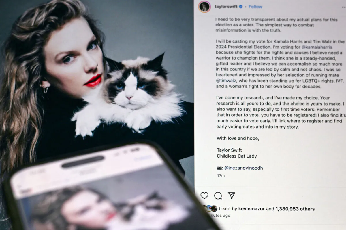 Singer Taylor Swift's Instagram post endorsing Vice President Kamala Harris in the presidential election, on Sept. 10, 2024. (Pedro Ugarte/AFP via Getty Images)