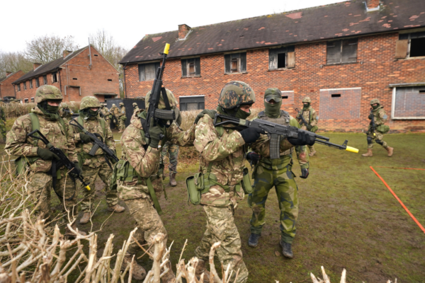 Ukrainian soldiers take part in urban training at a military training camp in Yorkshire, England, on Feb. 16, 2023. (PA Wire/PA Images)
