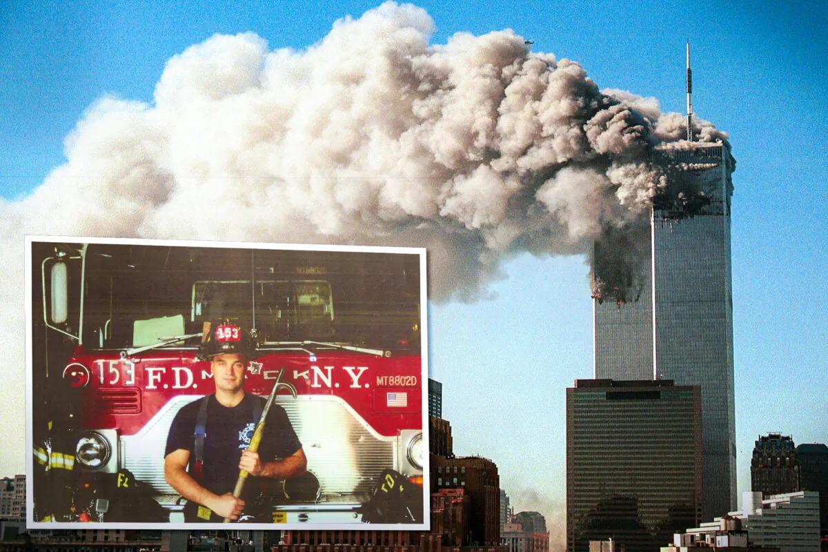 The twin towers during the attacks on Sept. 11, 2001 (Robert Giroux/Getty Images); (Inset) Stephen Siller. (Courtesy of Tunnel to Towers).