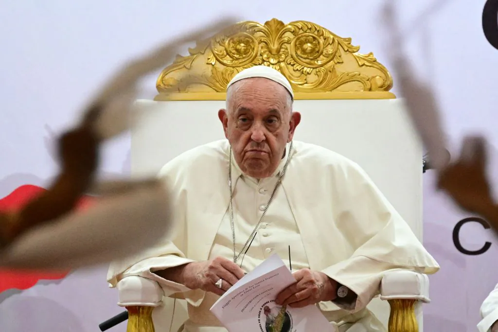 Pope Francis meets with young people in Centro de Convercoies in Dili, East Timor, on Sept. 11, 2024. (Tiziana Fabi/AFP via Getty Images)