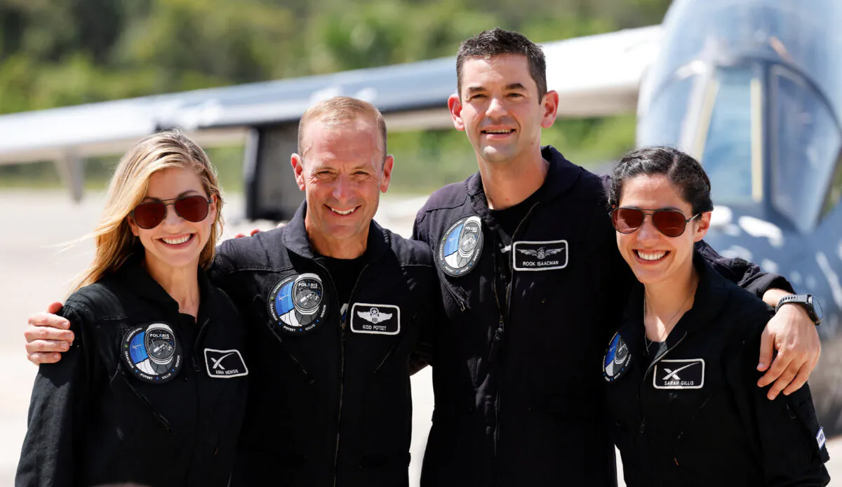 (L–R) Anna Menon, Scott Poteet, commander Jared Isaacman, and Sarah Gillis, crew members of Polaris Dawn, a private human spaceflight mission, attend a press conference at the Kennedy Space Center in Cape Canaveral, Fla., on Aug. 19, 2024. (Joe Skipper/Reuters/File Photo)