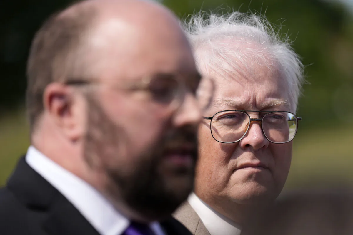 Iowa Libertarian congressional candidate Charles Aldrich (R) and Marco Battaglia speak to reporters in Des Moines, Iowa, on Sept. 10, 2024. (Charlie Neibergall/AP Photo)
