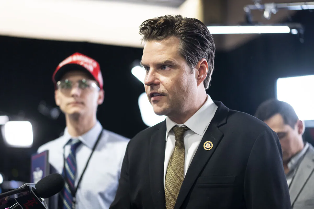 Rep. Matt Gaetz (R-Fla.) speaks to reporters at the Pennsylvania Convention Center in Philadelphia on Sept. 10, 2024. (Madalina Vasiliu/The Epoch Times)
