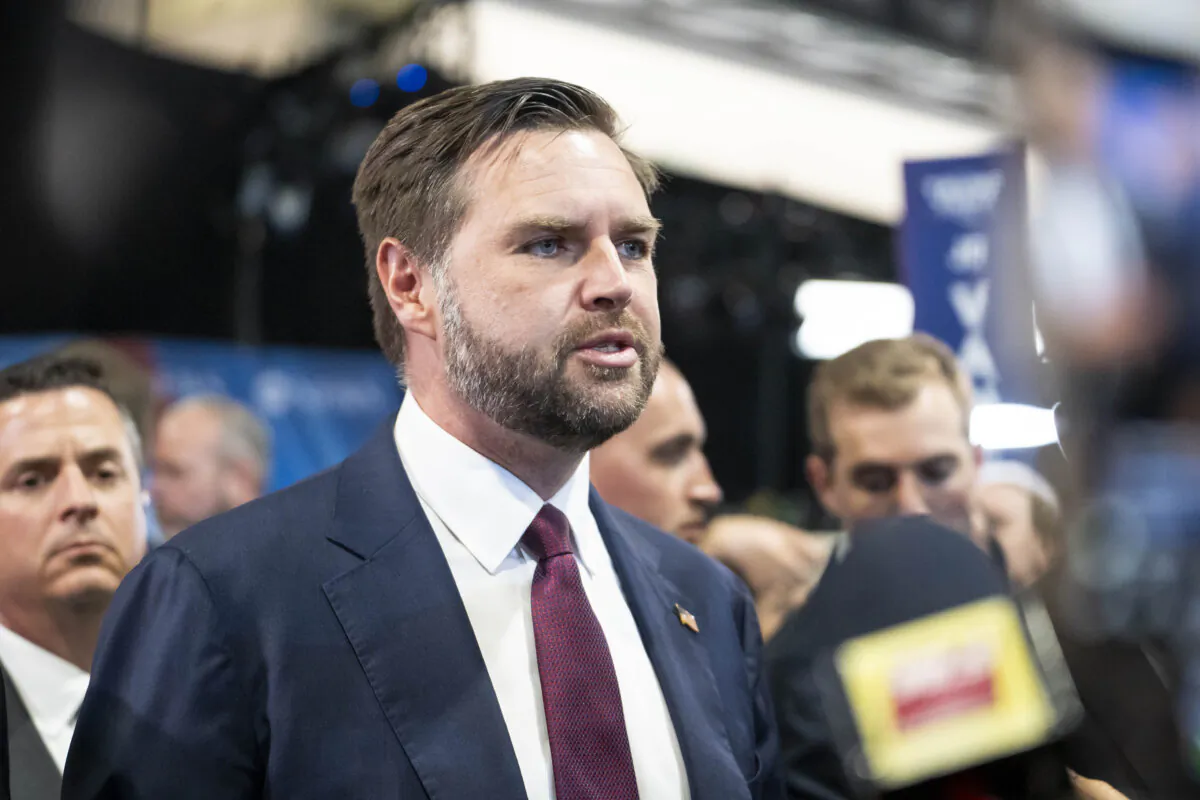 Republican vice president nominee Sen. JD Vance (R-Ohio) speaks to reporters at the Pennsylvania Convention Center in Philadelphia, Pa., on Sept. 10, 2024. (Madalina Vasiliu/The Epoch Times)