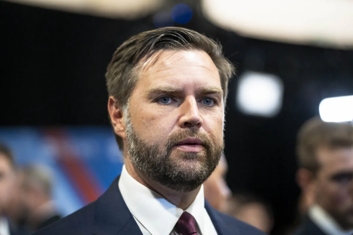 Republican vice presidential nominee Sen. JD Vance (R-Ohio) speaks to reporters at the Pennsylvania Convention Center in Philadelphia on Sept. 10, 2024. (Madalina Vasiliu/The Epoch Times)