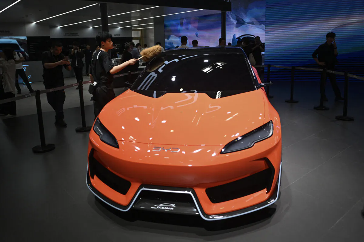 A BYD Ocean-M electric car is displayed at the Beijing Auto Show in Beijing on April 25, 2024. (Pedro Pardohoto by Pedro/AFP via Getty Images)