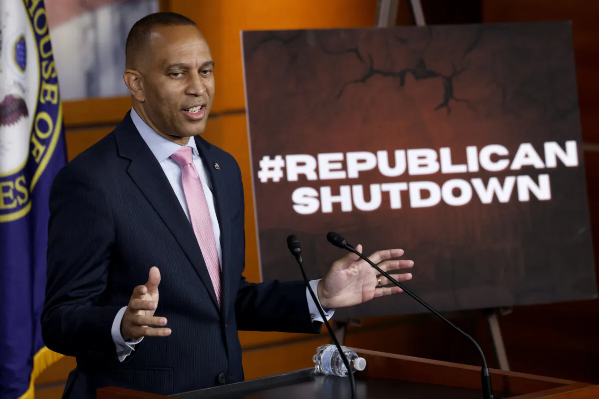 House Minority Leader Hakeem Jeffries (D-N.Y.) holds a news conference at the U.S. Capitol Visitors Center in Washington on Sept. 12, 2024. (Chip Somodevilla/Getty Images)
