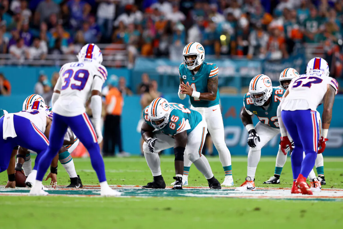 Tua Tagovailoa #1 of the Miami Dolphins hikes the ball against the Buffalo Bills during the first quarter in the game at Hard Rock Stadium in Miami Gardens, Fla., on Sept. 12, 2024. (Megan Briggs/Getty Images)