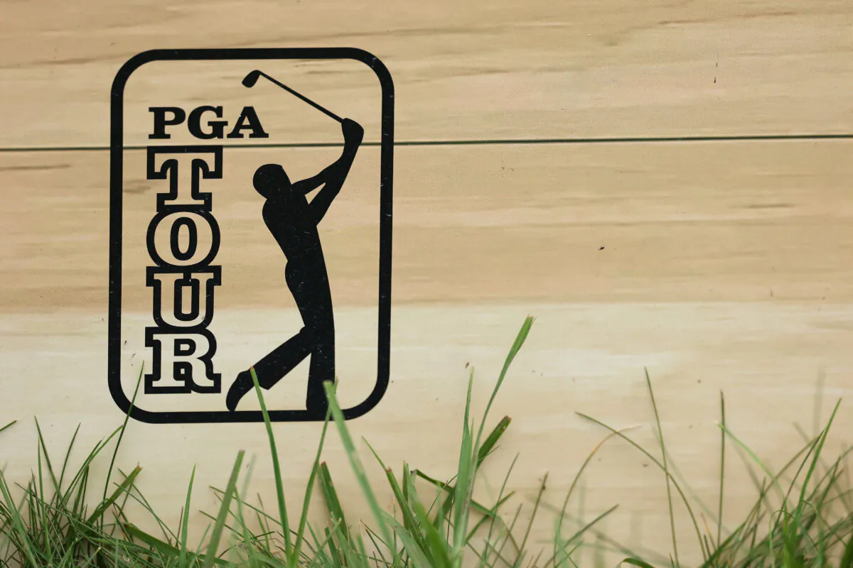 A detailed view of a PGA Tour logo prior to the AT&T Pebble Beach Pro-Am at Pebble Beach Golf Links in Pebble Beach, Calif., on Jan. 31, 2024. (Christian Petersen/Getty Images)