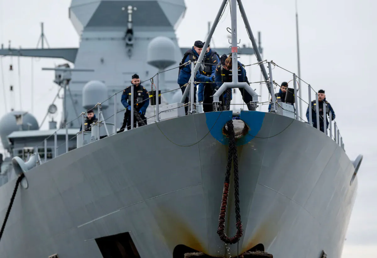 Sailors of a German Navy frigate prepare to depart for deployment in Wilhelmshaven, Germany, on Feb. 8, 2024. (David Hecker/Getty Images)