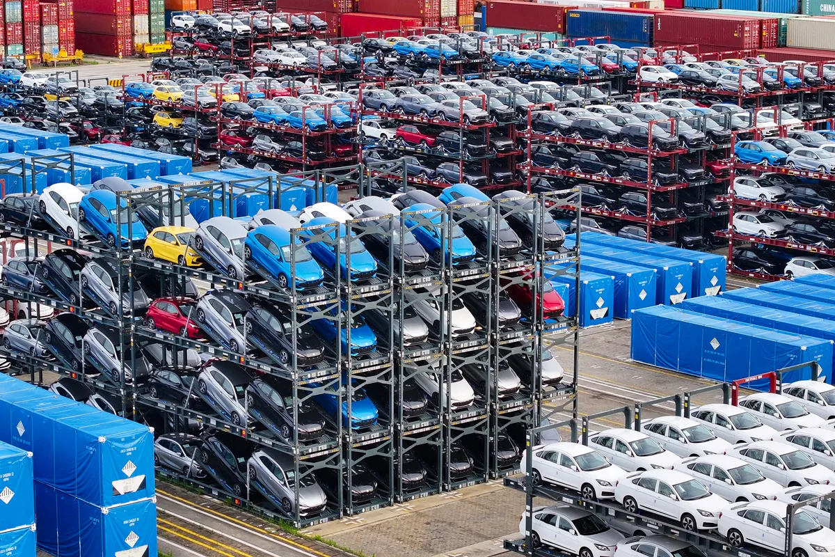 Cars are stacked for loading onto a ship for export at the port in Taicang, in Jiangsu Province, China, on July 16, 2024. (AFP via Getty Images)