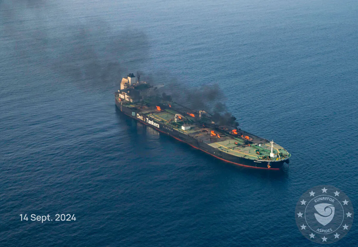 The oil tanker Sounion burning in the Red Sea following a series of attacks by Yemen's Houthi rebels, on Sept. 14, 2024. (European Union's Operation Aspides via AP)