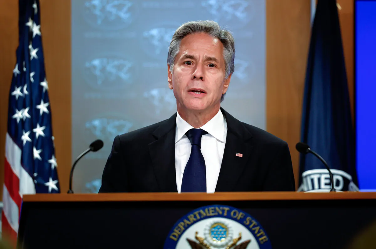 Secretary of State Antony Blinken delivers a statement on Russian intelligence operations at the U.S. State Department in Washington on Sept. 13, 2024. (Kevin Dietsch/Getty Images)