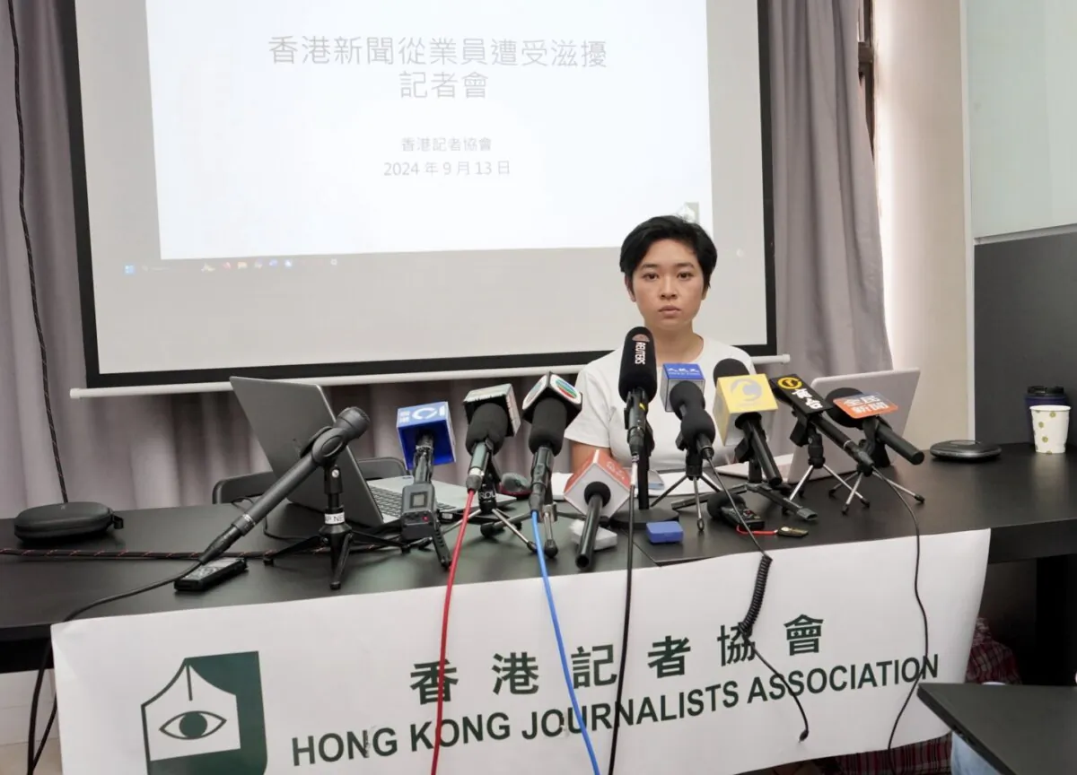 Selina Cheng, Chairperson of Hong Kong Journalists Association, spoke to the media on Sept. 13, 2024. (Adrian Yu/The Epoch Times)