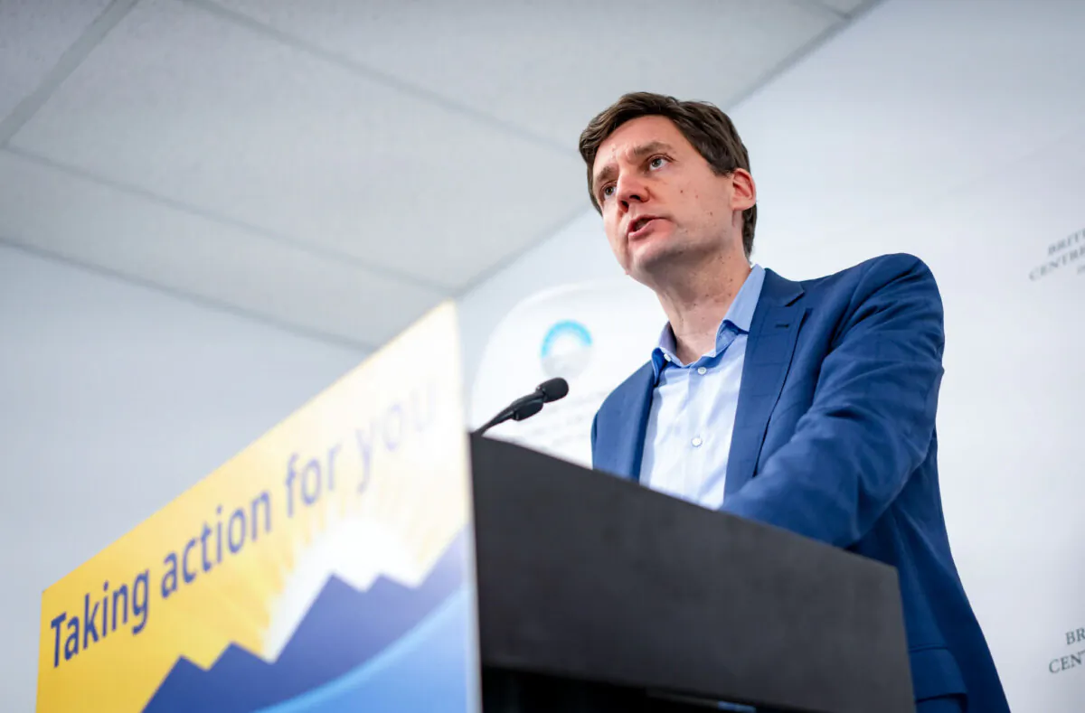 B.C Premier David Eby speaks during a news conference about improving access to mental-health and addiction care for people in the Downtown Eastside in Vancouver, on May 31, 2024. (The Canadian Press/Ethan Cairns)