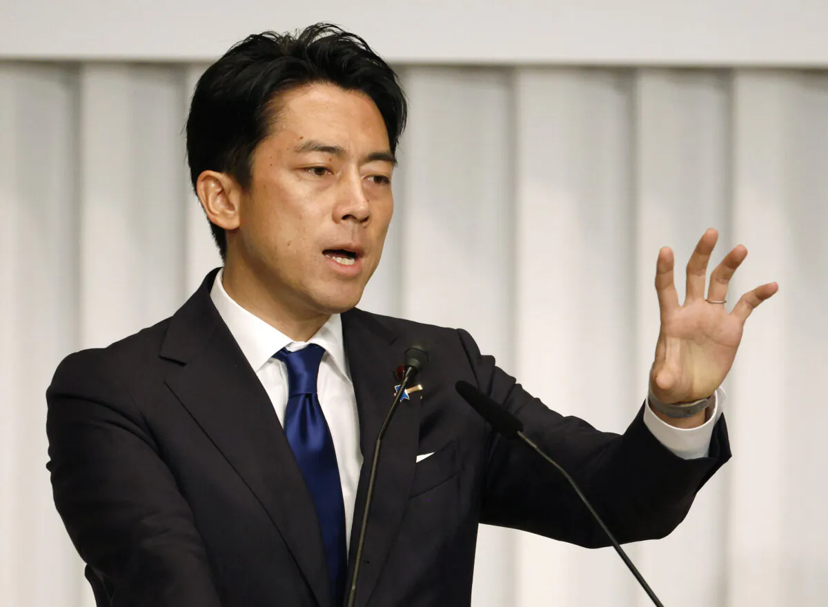 Former Environment Minister Shinjiro Koizumi, a candidate of Japan's ruling Liberal Democratic Party (LDP) for the presidential election, speaks during a joint news conference at the LDP headquarters in Tokyo, Japan, on Sept. 13, 2024. (Franck Pobichon - Pool/Getty Images)