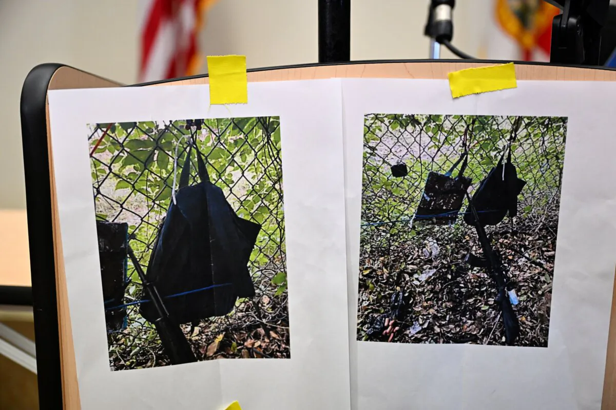 Pictures of evidence found at the fence of US president Donald Trump's golf course are shown at a press conference in West Palm Beach, Florida, on September 15, 2024 following a shooting incident at former US president Donald Trump's golf course. Trump's campaign reported Sunday that there had been "gunshots in his vicinity" but added that the Republican presidential candidate was safe. (Chandan Khanna/AFP via Getty Images)