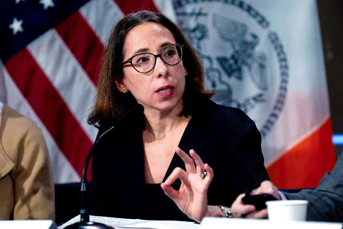 Lisa Zornberg, New York City Hall's chief counsel, speaks during a mayoral news conference at City Hall in New York on Nov. 14, 2023. (Richard Drew/AP Photo)