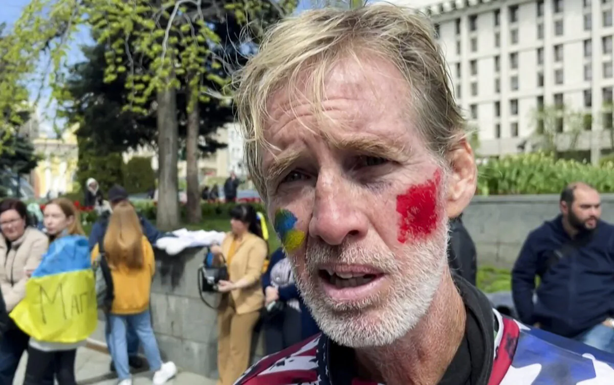 Ryan Wesley Routh speaks during an interview at a rally in central Kyiv, Ukraine, on April 27, 2022, in a still from video. (AFPTV/AFP via Getty Images)