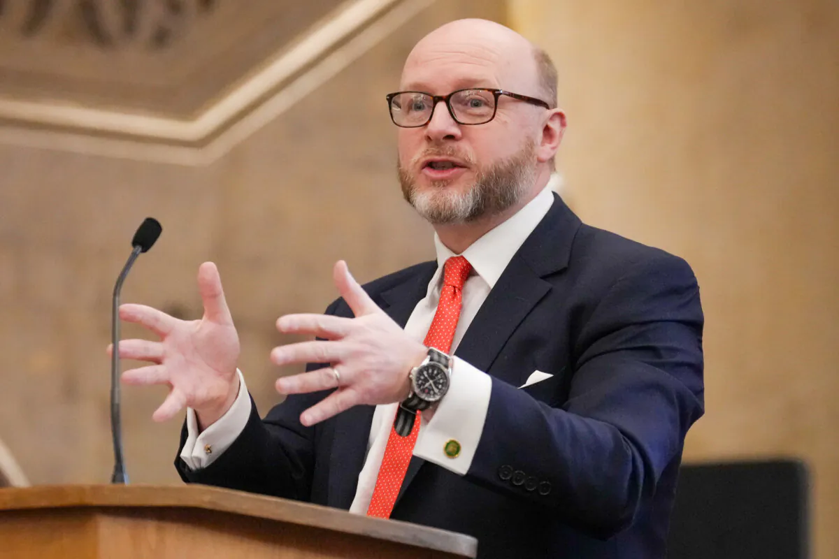 British MP and former cabinet minister Liam Byrne during a speech in central London on Jan. 20, 2024. (Maja Smiejkowska/PA Wire)