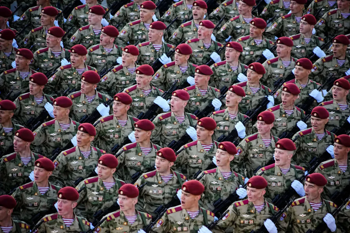 Russian soldiers march toward Red Square to attend a Victory Day military parade marking the 78th anniversary of the end of World War II, in Moscow on May 9, 2023, (Alexander Zemlianichenko/AP Photo)