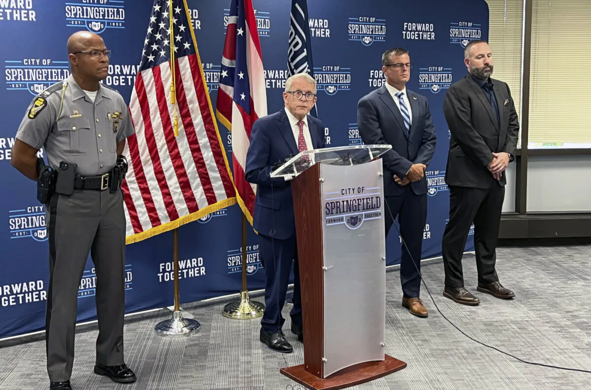Republican Ohio Gov. Mike DeWine holds a news conference Monday, Sept. 16, 2024, at city hall in Springfield, Ohio, (Patrick Aftoora Orsagos/AP Photo)