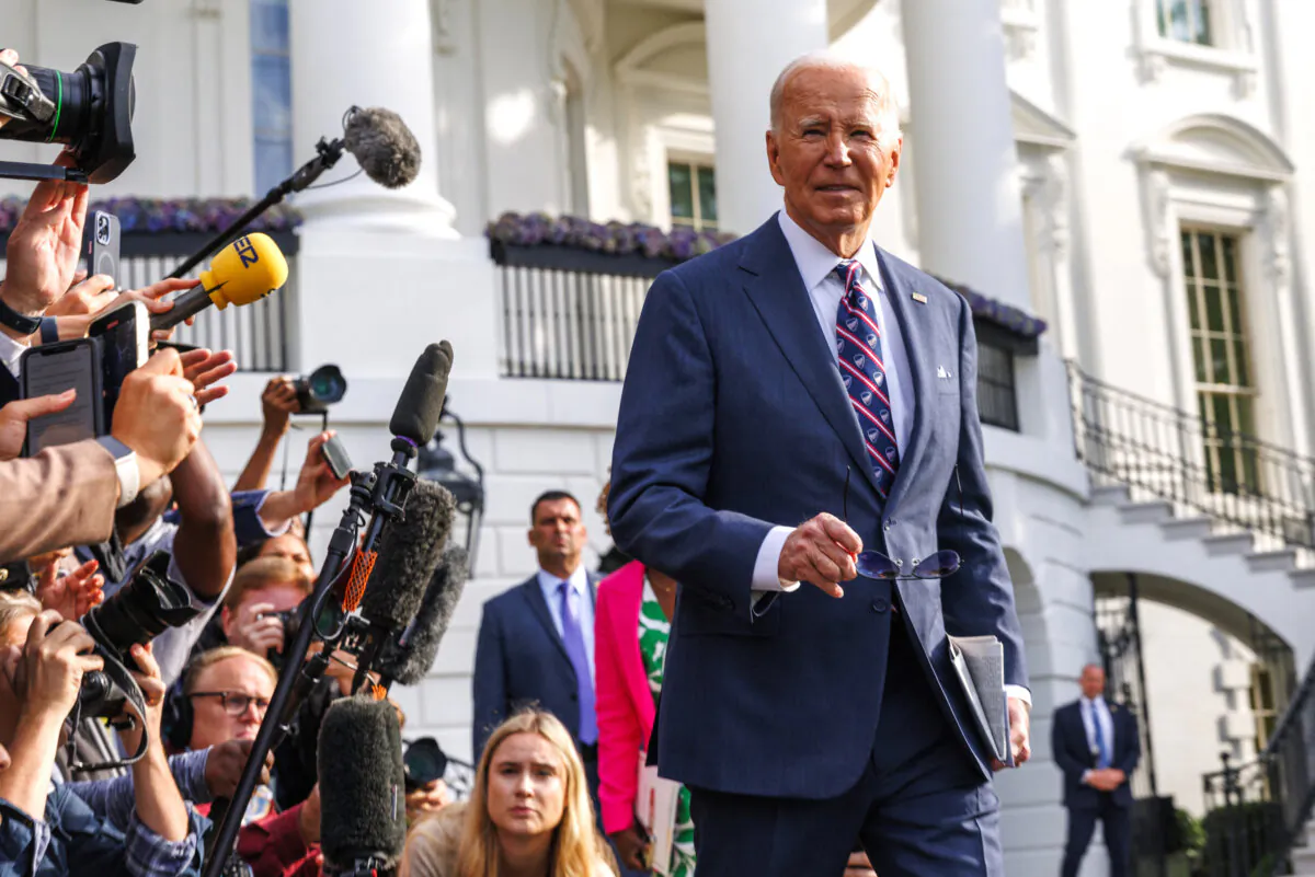 President Joe Biden speaks briefly to the press regarding a second assassination attempt against former President Donald Trump, as Biden departs the White House on Sept. 16, 2024. (Aaron Schwartz/Middle East Images via AFP via Getty Images)