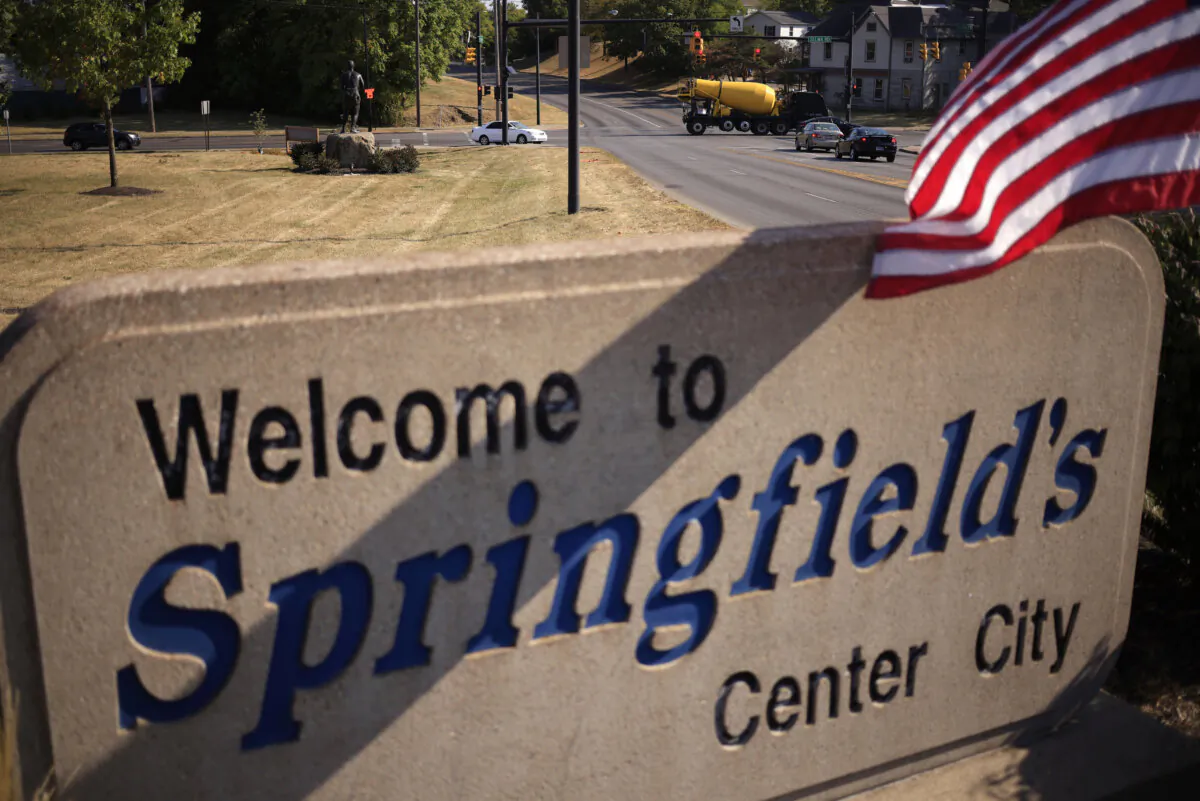 Welcome to Springfield signage is displayed along Spring Street in Springfield, Ohio, on Sept. 16, 2024. (Luke Sharrett/Getty Images)