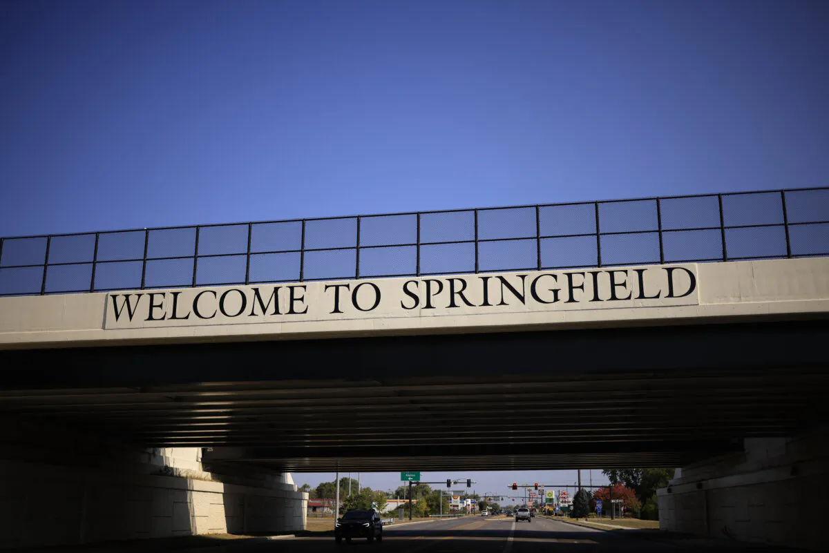 Welcome to Springfield signage is displayed on the Interstate 70 overpass in Springfield, Ohio, on Sept. 16, 2024. (Luke Sharrett/Getty Images)