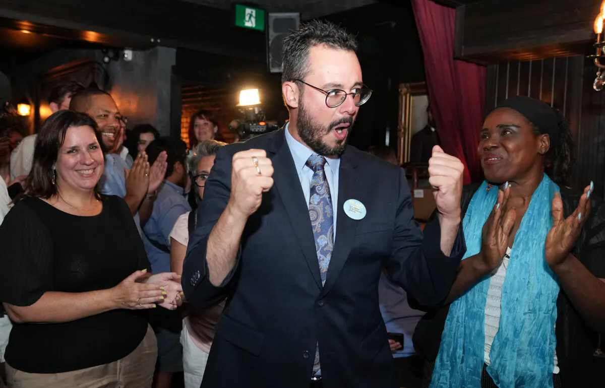 Bloc Québécois candidate Louis-Philippe Sauvé greets supporters as he arrives at the party's byelection night centre for the riding of LaSalle–Émard–Verdun in Montreal on Sept. 17, 2024. (The Canadian Press/Christinne Muschi)