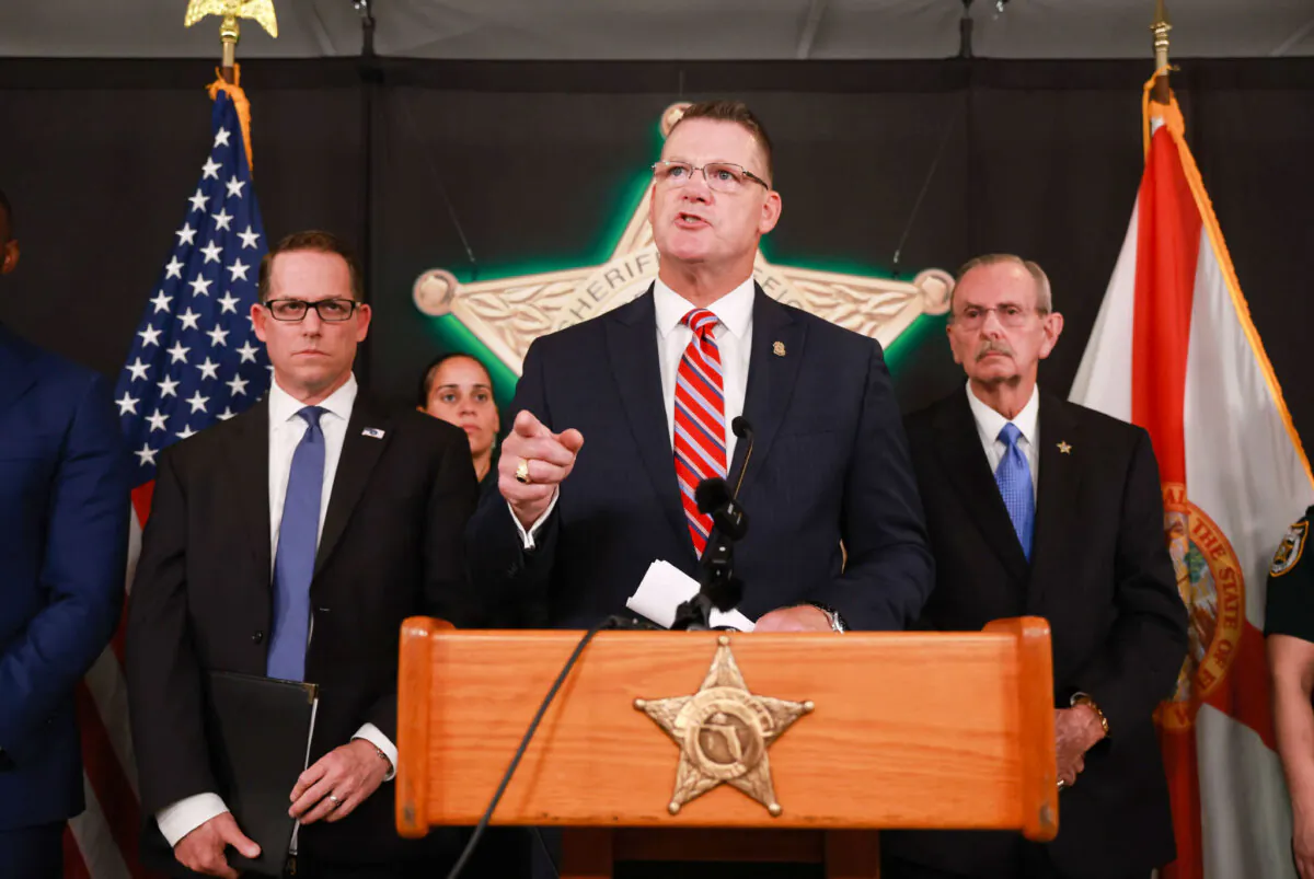 Special Agent in Charge Jeffrey B. Veltri of the FBI Miami Field Office (L), Acting Director Ronald Rowe Jr. of the U.S. Secret Service (C), and Sheriff Ric Bradshaw (R) of the Palm Beach County Sheriff’s Office attend a press conference in West Palm Beach, Florida., on September 16, 2024. (Joe Raedle/Getty Images)