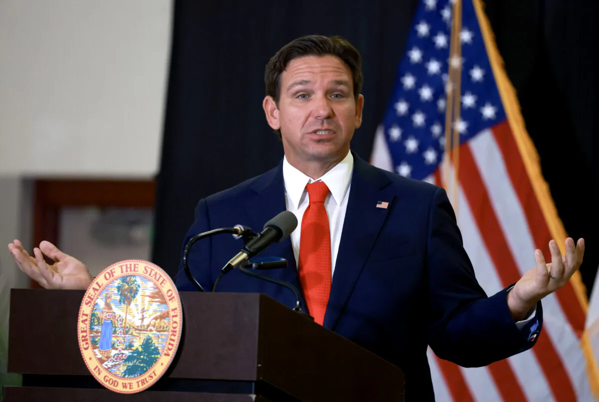 Florida Gov. Ron DeSantis speaks during a press conference in West Palm Beach, Fla., on Sept. 17, 2024. (Joe Raedle/Getty Images)