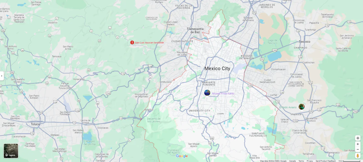 A landslide caused by heavy rains has killed six people near Mexico City, authorities said. (Screenshot via Google Map)