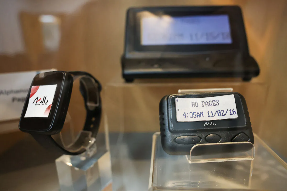 Pagers on display at a meeting room at the Gold Apollo company building in New Taipei City, Taiwan, on Sept. 18, 2024. (Ann Wang/Reuters)