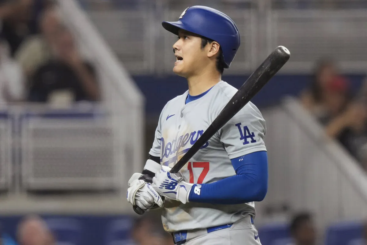 Los Angeles Dodgers' Shohei Ohtani (17) reacts after striking out during the fourth inning of a baseball game against the Miami Marlins, Wednesday in Miami, Fla., on Sept. 18, 2024.(Marta Lavandier/AP)