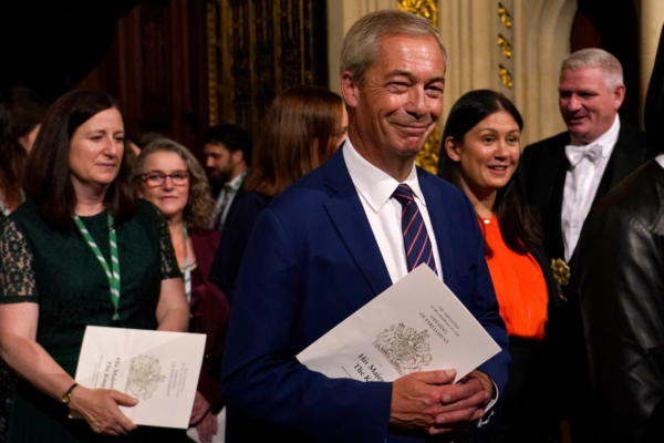 Reform UK leader Nigel Farage walks from the House of Lords after hearing the King's Speech during the State Opening of Parliament in the House of Lords at the Palace of Westminster in London, England, on July 17, 2024. (Alberto Pezzali/PA Wire)